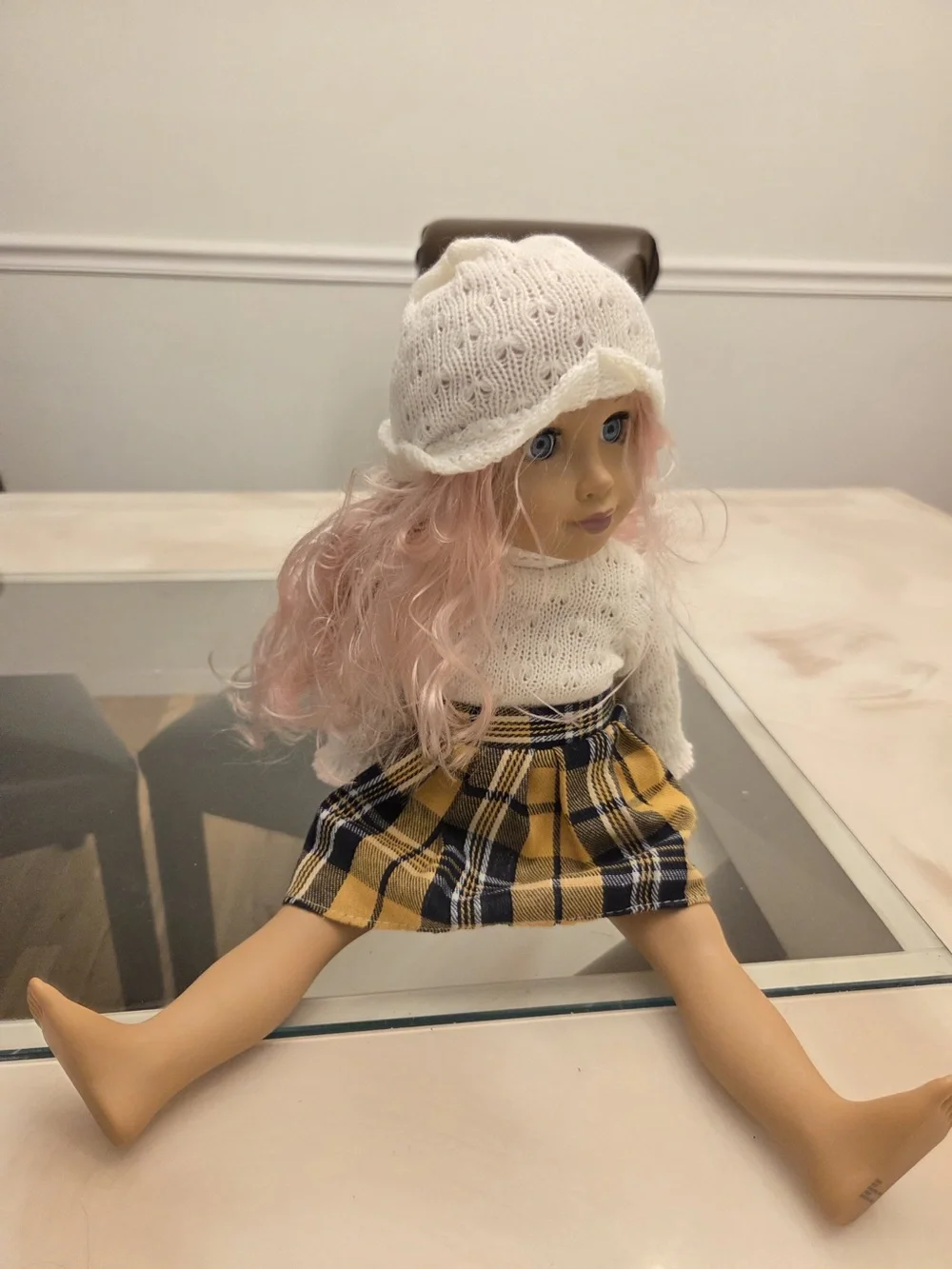 18 in Girl Play Doll Pink Wavy Hair Blue Eyes Removable Outfit & Hat